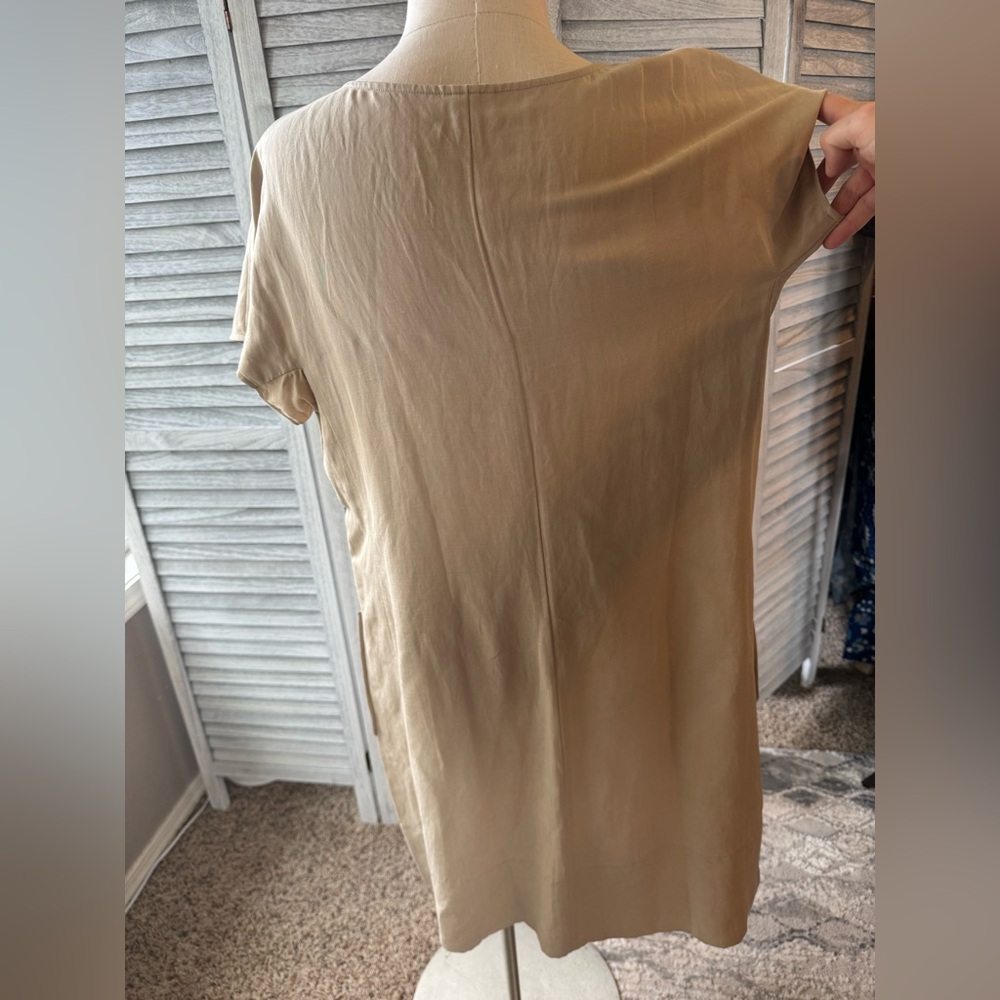 J Jill Silk Linen Shift Boxy Dress, has front patch pockets. Tan Sz L - Picture 4 of 10